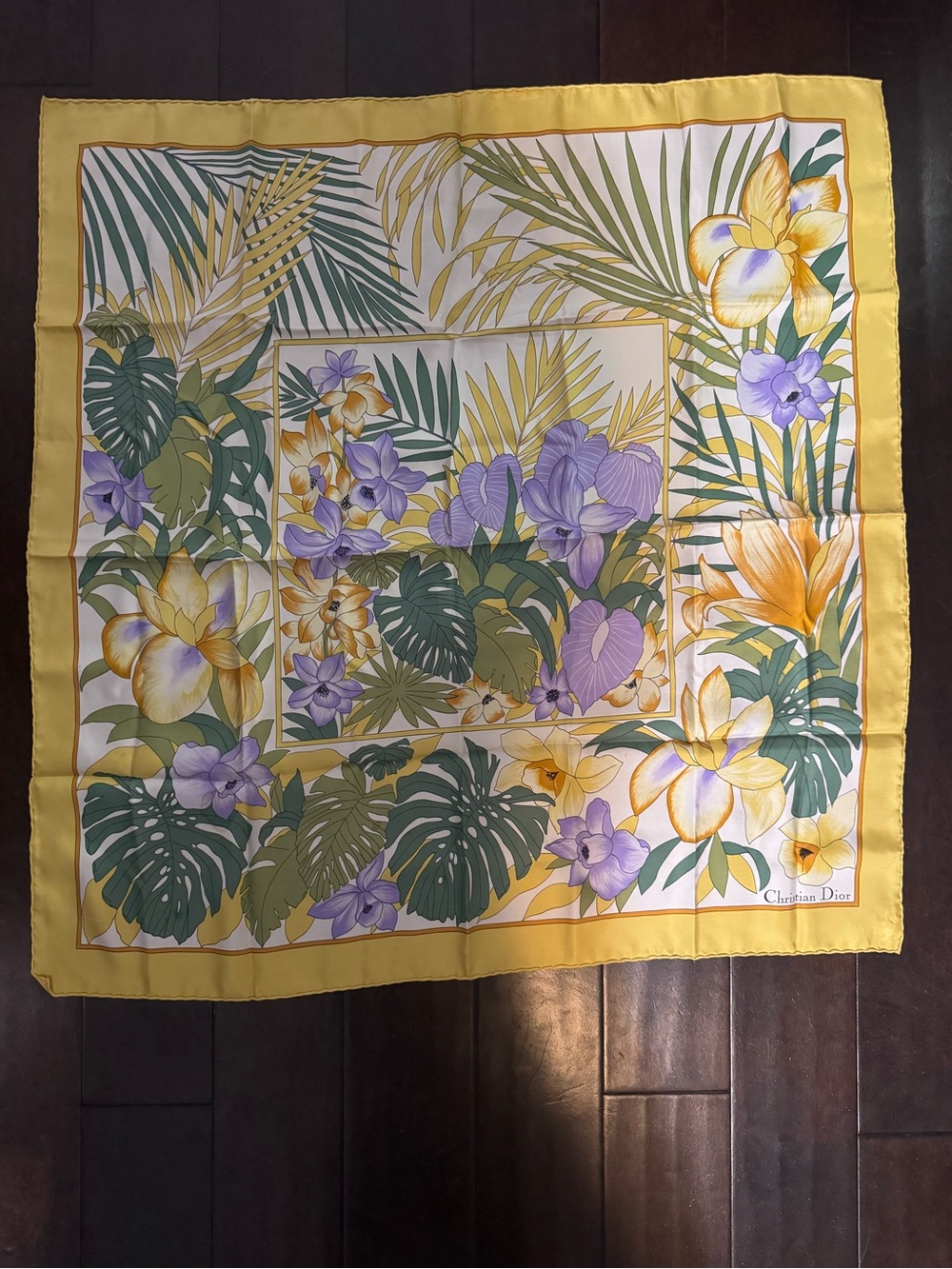 Dior Yellow, Purple & Green Tropical Floral Silk Scarf